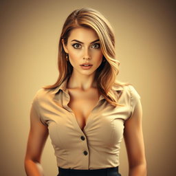 A stunning 25-year-old woman with a look of surprise, positioned front-facing and gazing directly at the camera