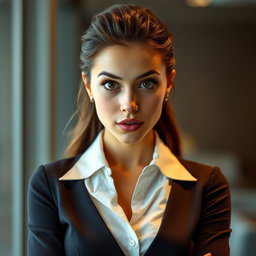 A stunning 25-year-old woman with a look of surprise, positioned front-facing and gazing directly at the camera