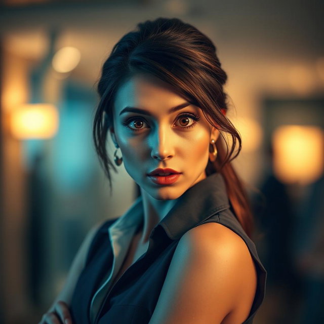 A stunning 25-year-old woman with a look of surprise, positioned front-facing and gazing directly at the camera