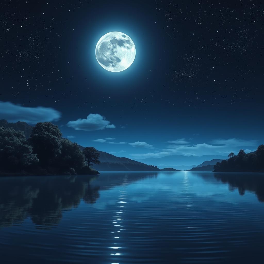 A breathtaking night scene illuminated by a full moon, casting silvery light over a tranquil landscape