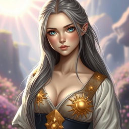 A realistic depiction of a sun cleric healer, portraying an innocent and kind European girl