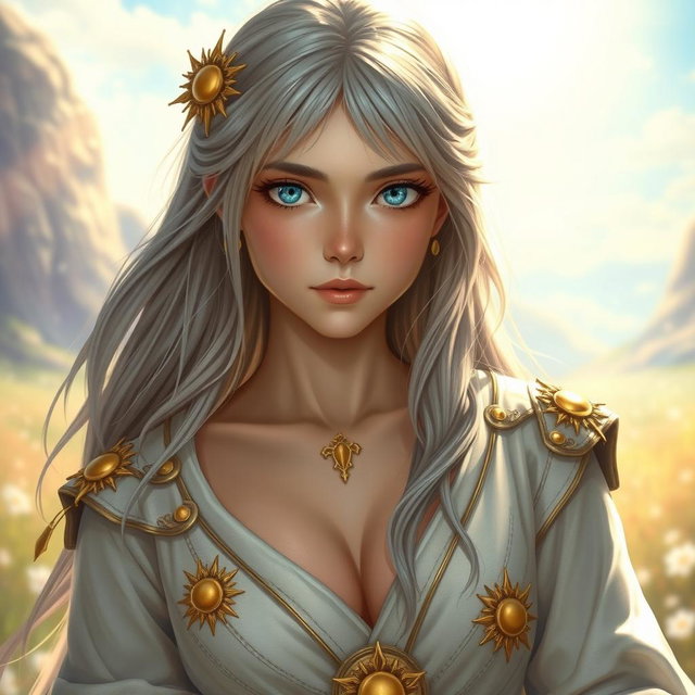 A realistic depiction of a sun cleric healer, portraying an innocent and kind European girl