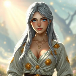 A realistic depiction of a sun cleric healer, portraying an innocent and kind European girl