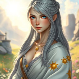 A realistic depiction of a sun cleric healer, portraying an innocent and kind European girl