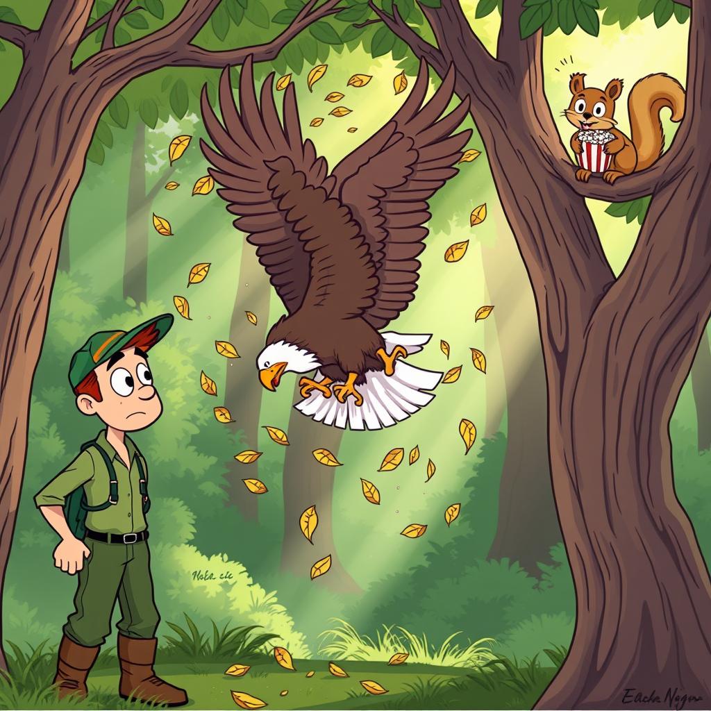 In the continuation of the cartoon scene, the hunter, still in his green pants and shirt, watches the eagle as it comically flaps its wings while falling, creating a whirlwind of leaves around it
