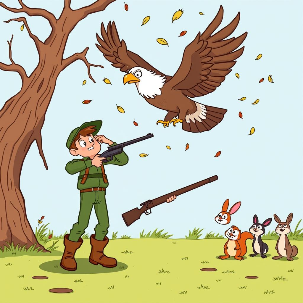 The continuation of the cartoon scene features the hunter, still wearing his green pants and shirt with brown boots, now looking bewildered as the eagle has unexpectedly swooped up into the air, flapping its wings vigorously around him