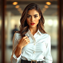 A gorgeous 25-year-old woman with an expression of surprise, standing front-facing and gazing intently at the camera