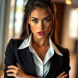 A gorgeous 25-year-old woman with an expression of surprise, standing front-facing and gazing intently at the camera