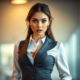 A gorgeous 25-year-old woman with an expression of surprise, standing front-facing and gazing intently at the camera