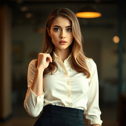 A gorgeous 25-year-old woman with an expression of surprise, standing front-facing and gazing intently at the camera