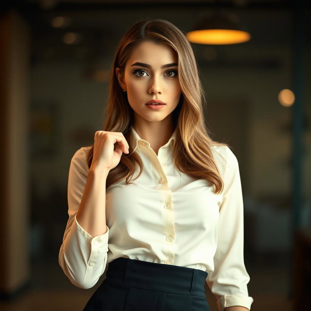 A gorgeous 25-year-old woman with an expression of surprise, standing front-facing and gazing intently at the camera