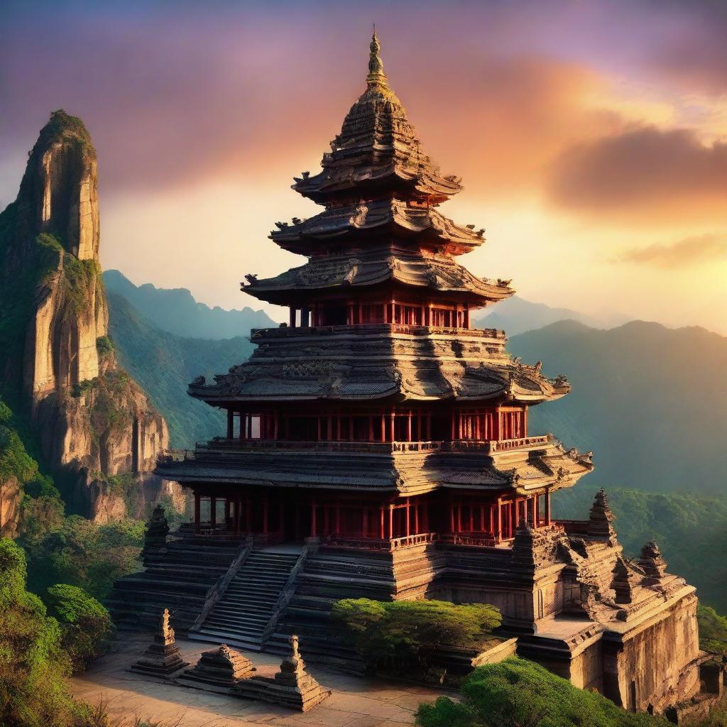 A majestic, ancient temple perched atop a mountain peak. It's adorned with intricate carvings of various deities. Tall pillars support a grand entrance, with a colorful sunset in the backdrop.