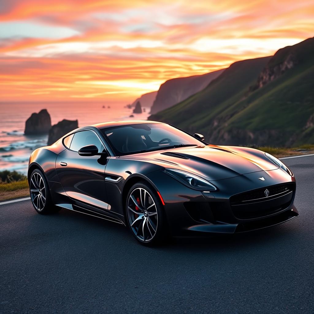 A sleek, modern sports car parked on a scenic coastal road at sunset, showcasing vibrant orange and pink skies reflecting on its polished surface