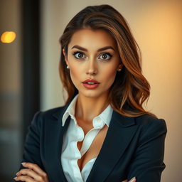 A beautiful 25-year-old woman with a surprised expression, positioned front-facing and gazing directly at the camera