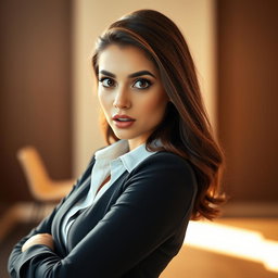 A beautiful 25-year-old woman with a surprised expression, positioned front-facing and gazing directly at the camera