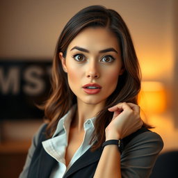 A beautiful 25-year-old woman with a surprised expression, positioned front-facing and gazing directly at the camera