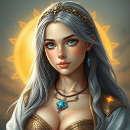 A realistic portrait of a sun cleric healer, depicted as an innocent and kind slim busty European girl