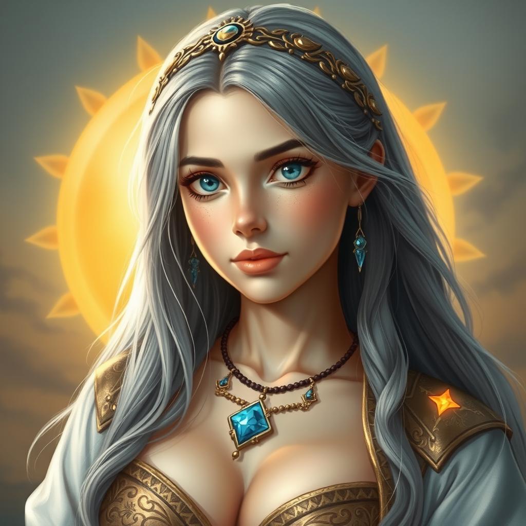 A realistic portrait of a sun cleric healer, depicted as an innocent and kind slim busty European girl