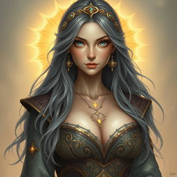 A realistic portrait of a sun cleric healer, depicted as an innocent and kind slim busty European girl