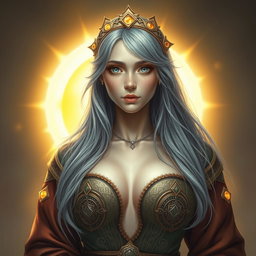 A realistic portrait of a sun cleric healer, depicted as an innocent and kind slim busty European girl