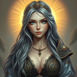 A realistic portrait of a sun cleric healer, depicted as an innocent and kind slim busty European girl