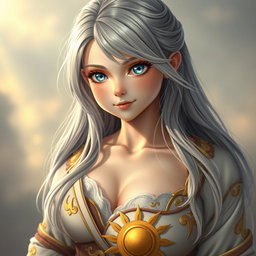 A stunningly realistic portrayal of a sun cleric healer, embodying innocence and kindness