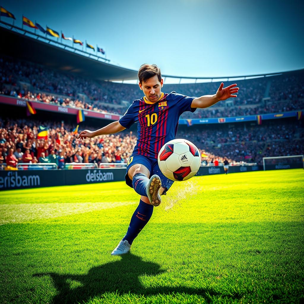 A dynamic scene of a professional soccer player shooting the ball on a lush green soccer field