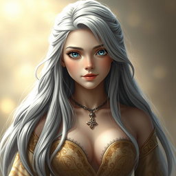 A realistic portrayal of a European girl embodying a sun cleric healer