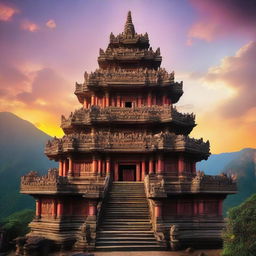 A majestic, ancient temple perched atop a mountain peak. It's adorned with intricate carvings of various deities. Tall pillars support a grand entrance, with a colorful sunset in the backdrop.