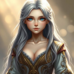 A realistic portrayal of a European girl embodying a sun cleric healer