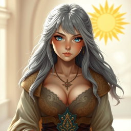 A realistic portrait of a sun cleric healer, depicted as a cute and kind slim European girl with long ash grey hair and medium topaz blue eyes