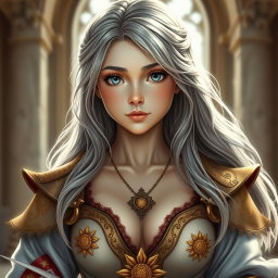A realistic portrait of a sun cleric healer, depicted as a cute and kind slim European girl with long ash grey hair and medium topaz blue eyes