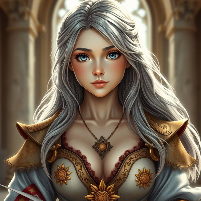 A realistic portrait of a sun cleric healer, depicted as a cute and kind slim European girl with long ash grey hair and medium topaz blue eyes