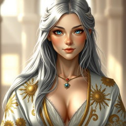 A realistic portrait of a sun cleric healer, depicted as a cute and kind slim European girl with long ash grey hair and medium topaz blue eyes