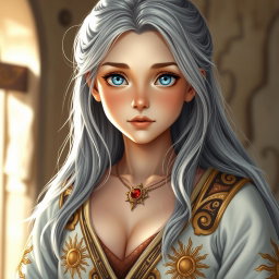 A realistic portrait of a sun cleric healer, depicted as a cute and kind slim European girl with long ash grey hair and medium topaz blue eyes