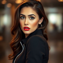 A beautiful 25-year-old woman with a surprised expression, facing the camera and looking directly at the viewer