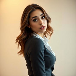 A beautiful 25-year-old woman with a surprised expression, facing the camera and looking directly at the viewer