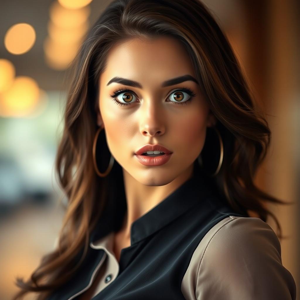 A beautiful 25-year-old woman with a surprised expression, facing the camera and looking directly at the viewer