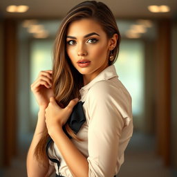 A beautiful 25-year-old woman with a surprised expression, facing the camera and looking directly at the viewer