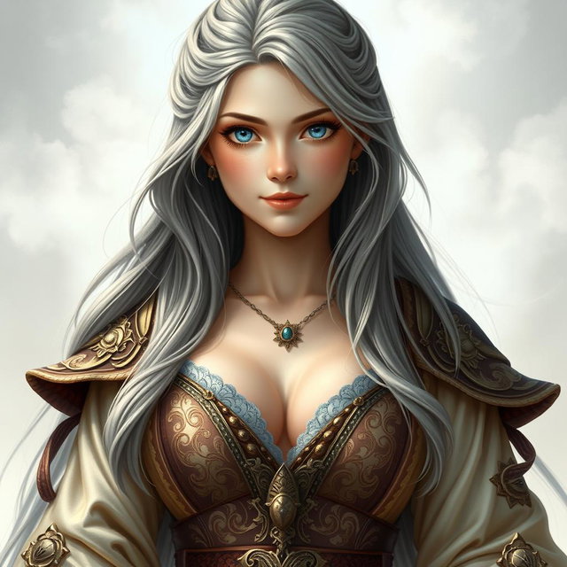 A majestic European girl depicted as a sun cleric healer, characterized by her innocent and kind demeanor