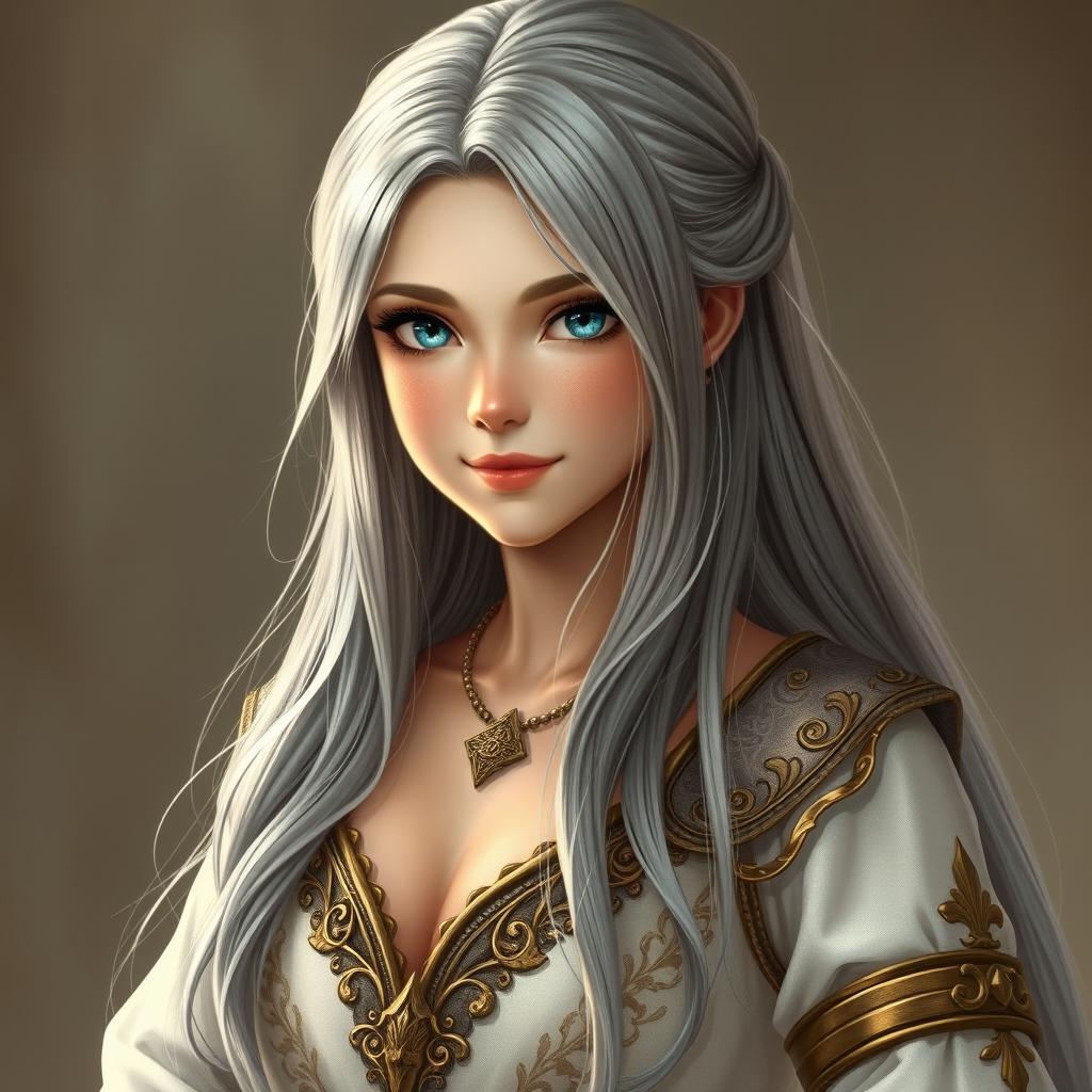 A majestic European girl depicted as a sun cleric healer, characterized by her innocent and kind demeanor
