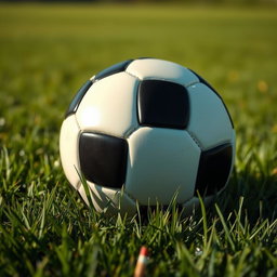 a realistic, high-definition image of a classic black and white soccer ball resting on a lush green grass field, with soft natural sunlight illuminating the scene and casting gentle shadows, the texture of the ball clearly visible, evoking a sense of nostalgia and enthusiasm for the game, subtle details like dew drops on the grass and a clear blue sky in the background