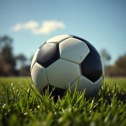 a realistic, high-definition image of a classic black and white soccer ball resting on a lush green grass field, with soft natural sunlight illuminating the scene and casting gentle shadows, the texture of the ball clearly visible, evoking a sense of nostalgia and enthusiasm for the game, subtle details like dew drops on the grass and a clear blue sky in the background