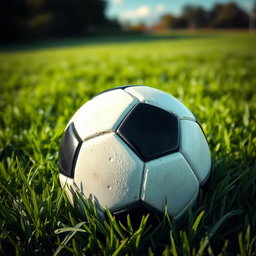 a realistic, high-definition image of a classic black and white soccer ball resting on a lush green grass field, with soft natural sunlight illuminating the scene and casting gentle shadows, the texture of the ball clearly visible, evoking a sense of nostalgia and enthusiasm for the game, subtle details like dew drops on the grass and a clear blue sky in the background