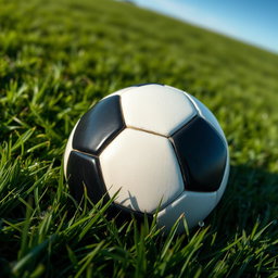 a realistic, high-definition image of a classic black and white soccer ball resting on a lush green grass field, with soft natural sunlight illuminating the scene and casting gentle shadows, the texture of the ball clearly visible, evoking a sense of nostalgia and enthusiasm for the game, subtle details like dew drops on the grass and a clear blue sky in the background