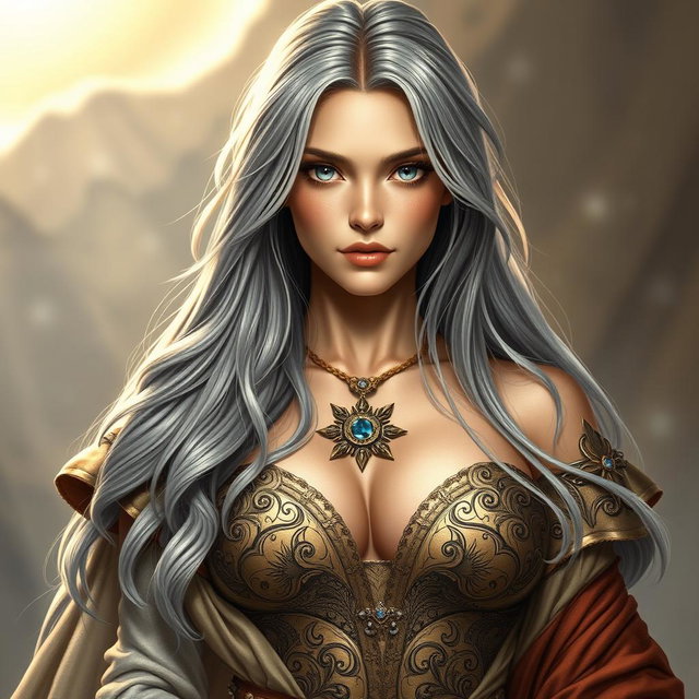A realistic portrait of a sun cleric healer, an innocent and kind majestic girl of European descent