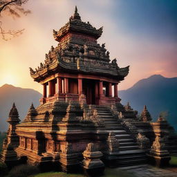 A majestic, ancient temple perched atop a mountain peak. It's adorned with intricate carvings of various deities. Tall pillars support a grand entrance, with a colorful sunset in the backdrop.