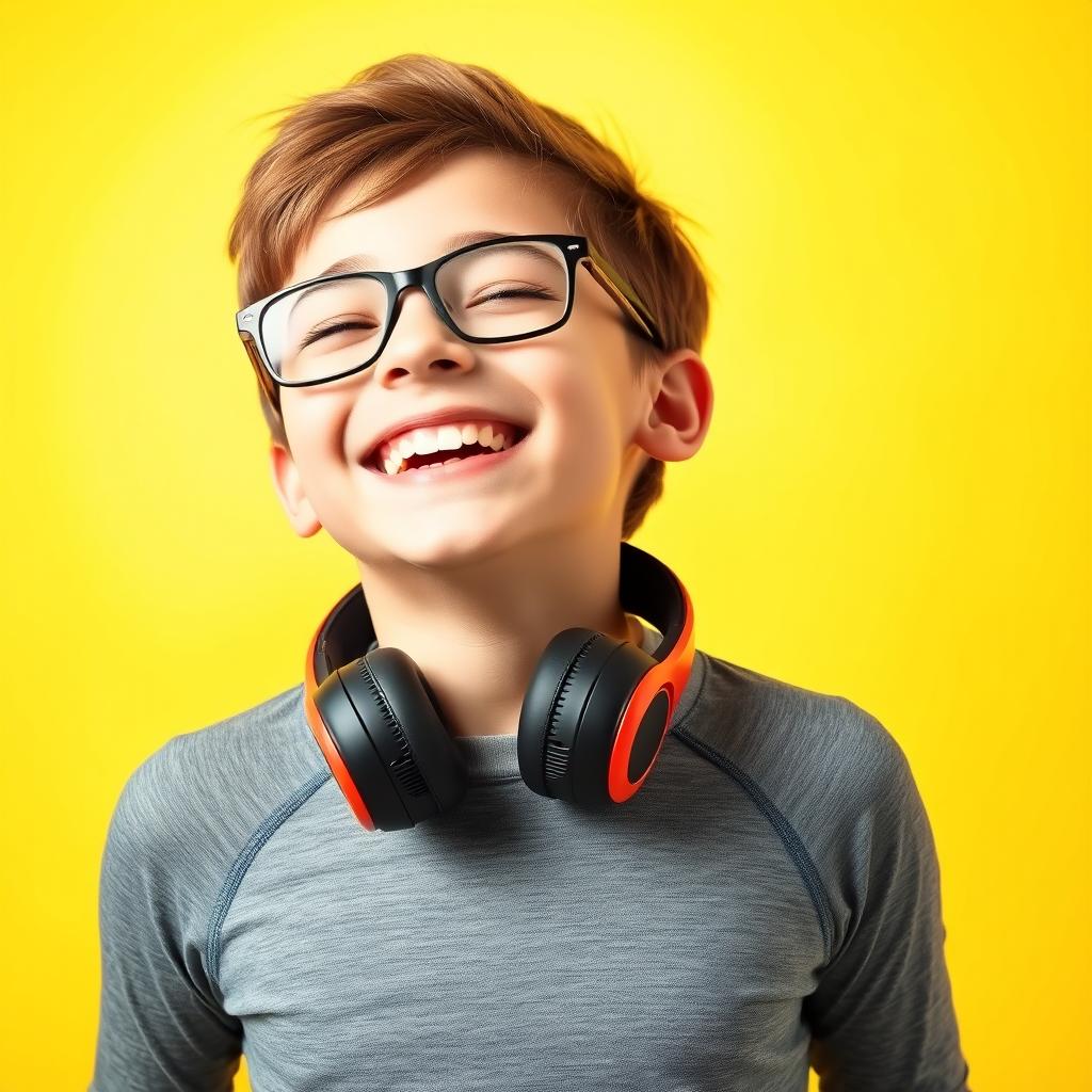 A cheerful boy with eyeglasses and headphones around his neck, smiling widely with his head tilted sideways
