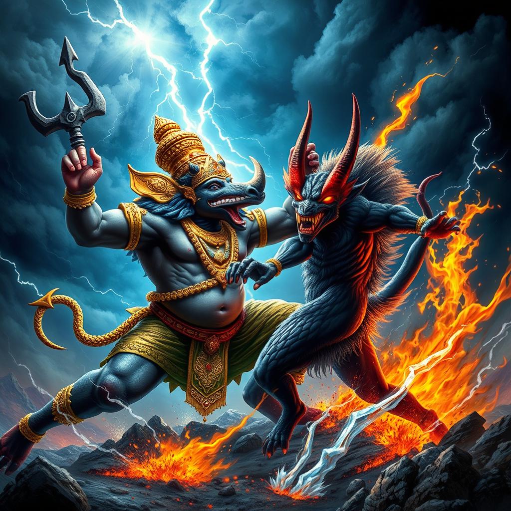 A dramatic and mythical scene featuring Varaha Avatar, the boar incarnation of Lord Vishnu, engaged in an epic battle against a fierce devil