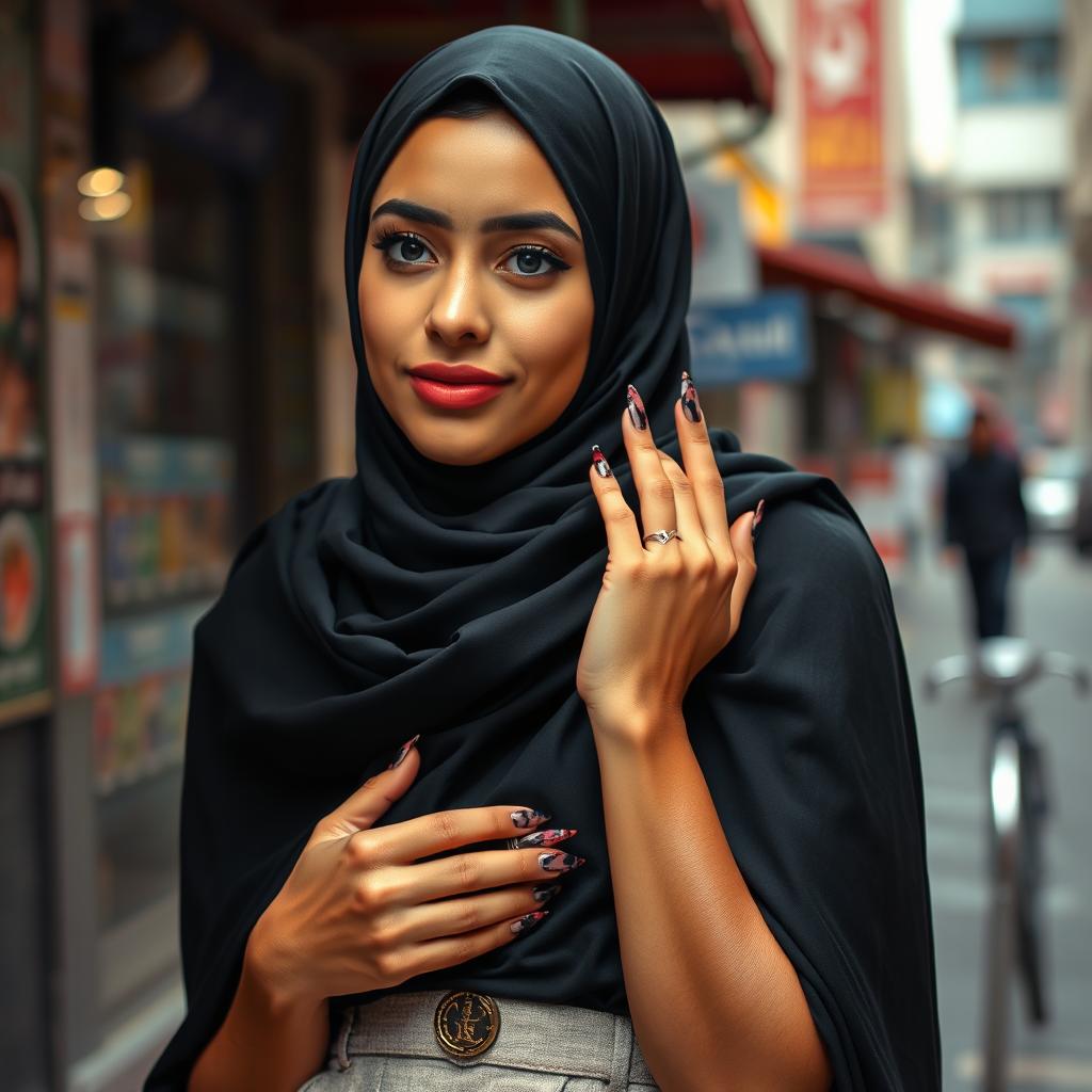 A young woman of Middle-Eastern descent, with her face elegantly covered like Muslim women, wearing a stylish skirt and fashionable nylons